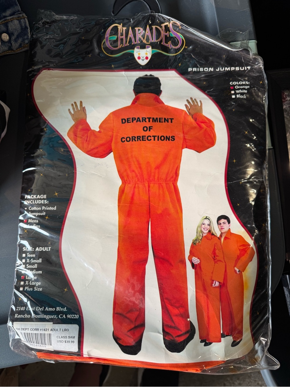 Charades Men's Orange Prison Jumpsuit Costume - Department of Corrections Print